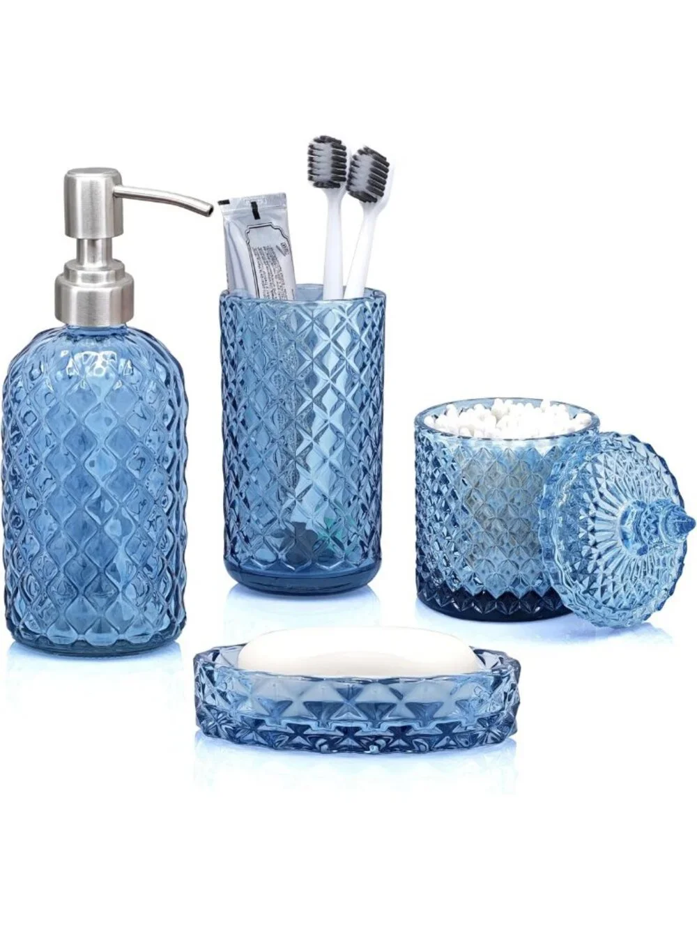 Stylish Blue Bathroom Accessories Set - 4PC Clear Glass Decor for Home